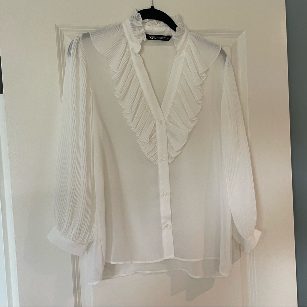 Zara sheer ruffle white blouse size XS - Picture 3 of 6